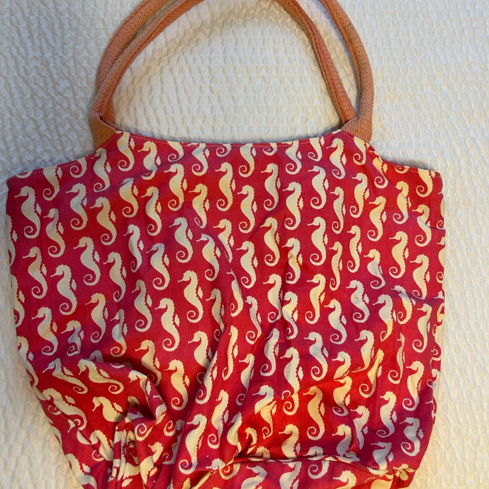 Seahorse Print Tote Bag in Red and Cream - Picture 4 of 7